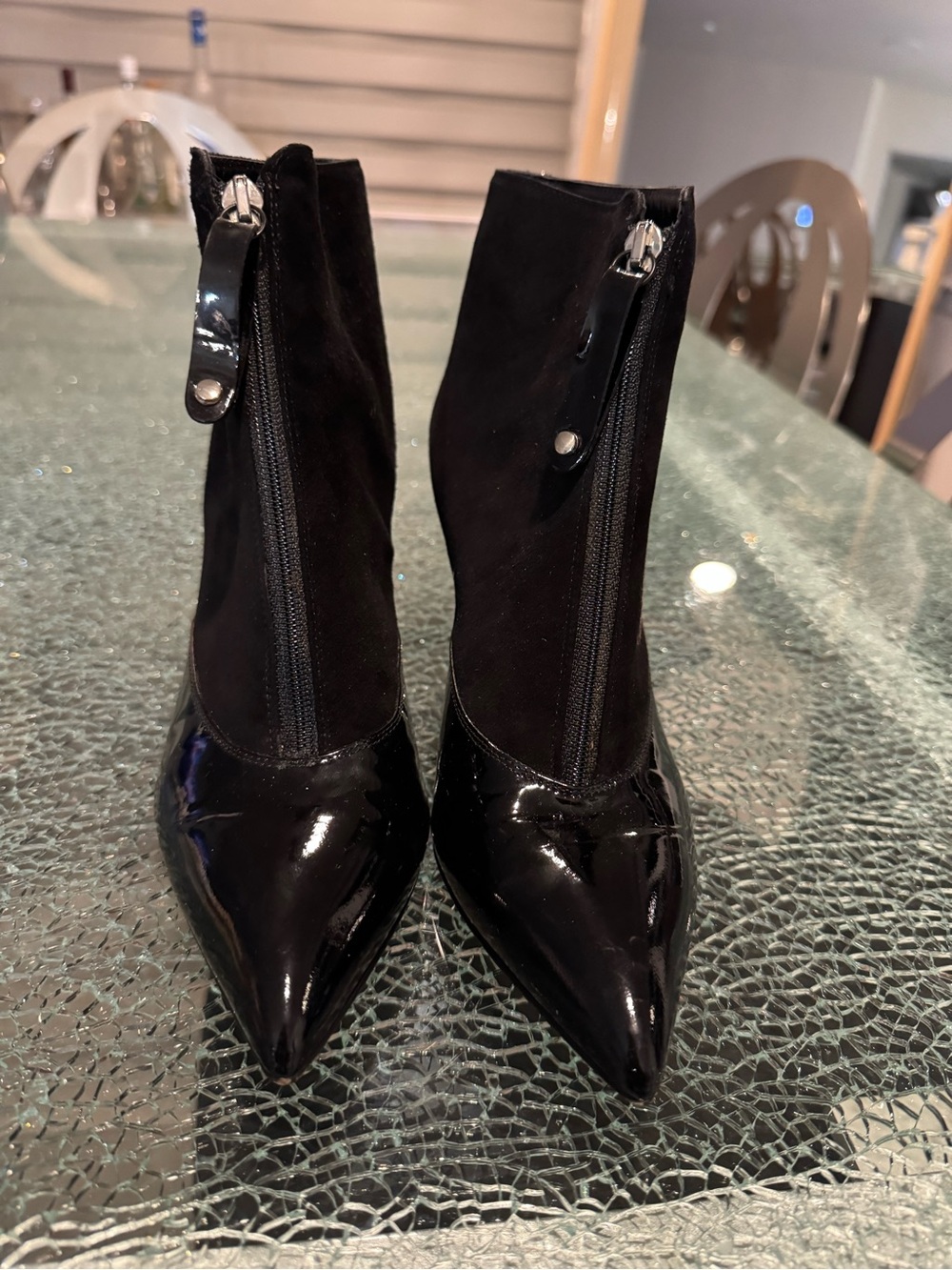 Gianmarco Lorenz Women's Black Patent and suede Pointed Toe Ankle Boots 38
